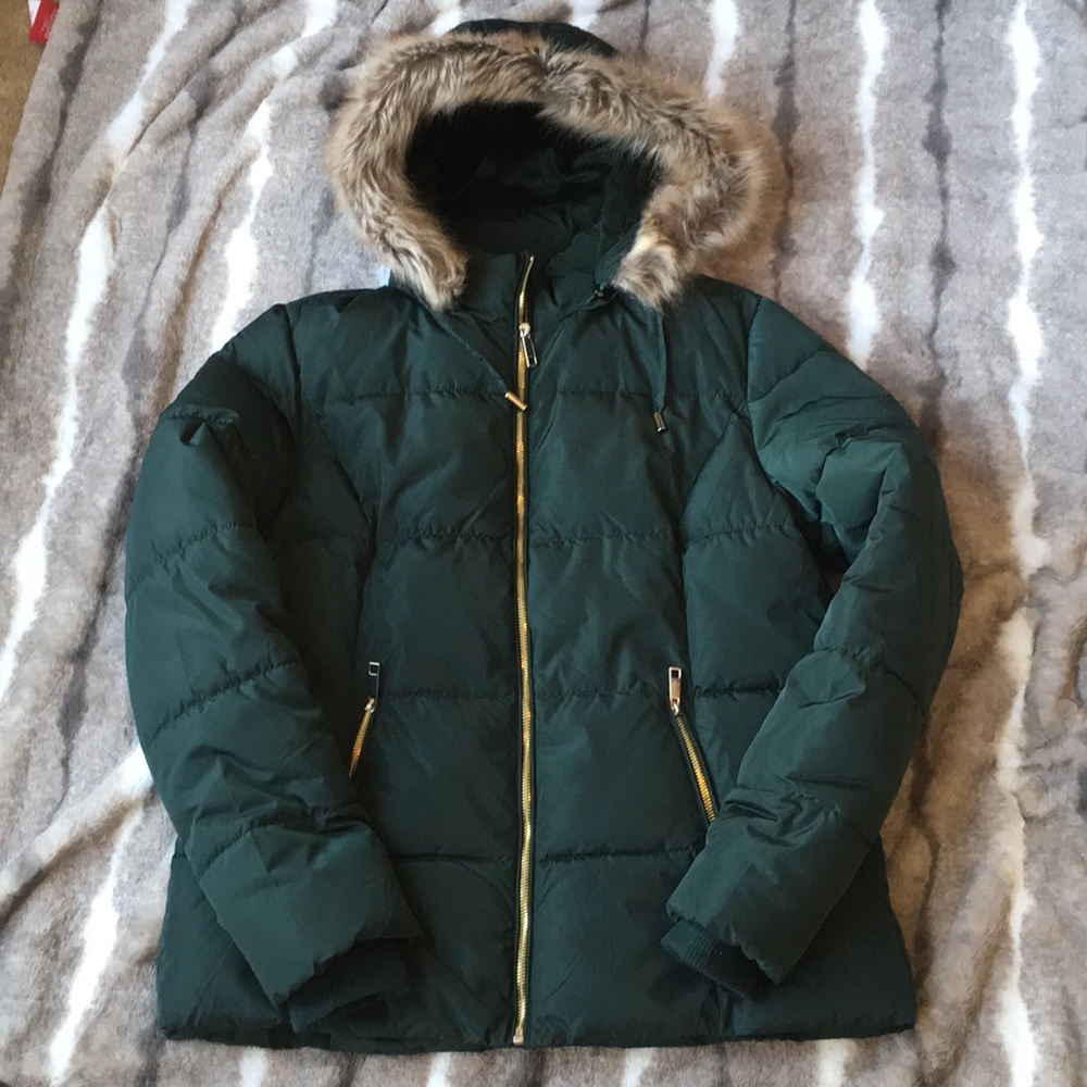 Green fur lined hood winter puffer coat